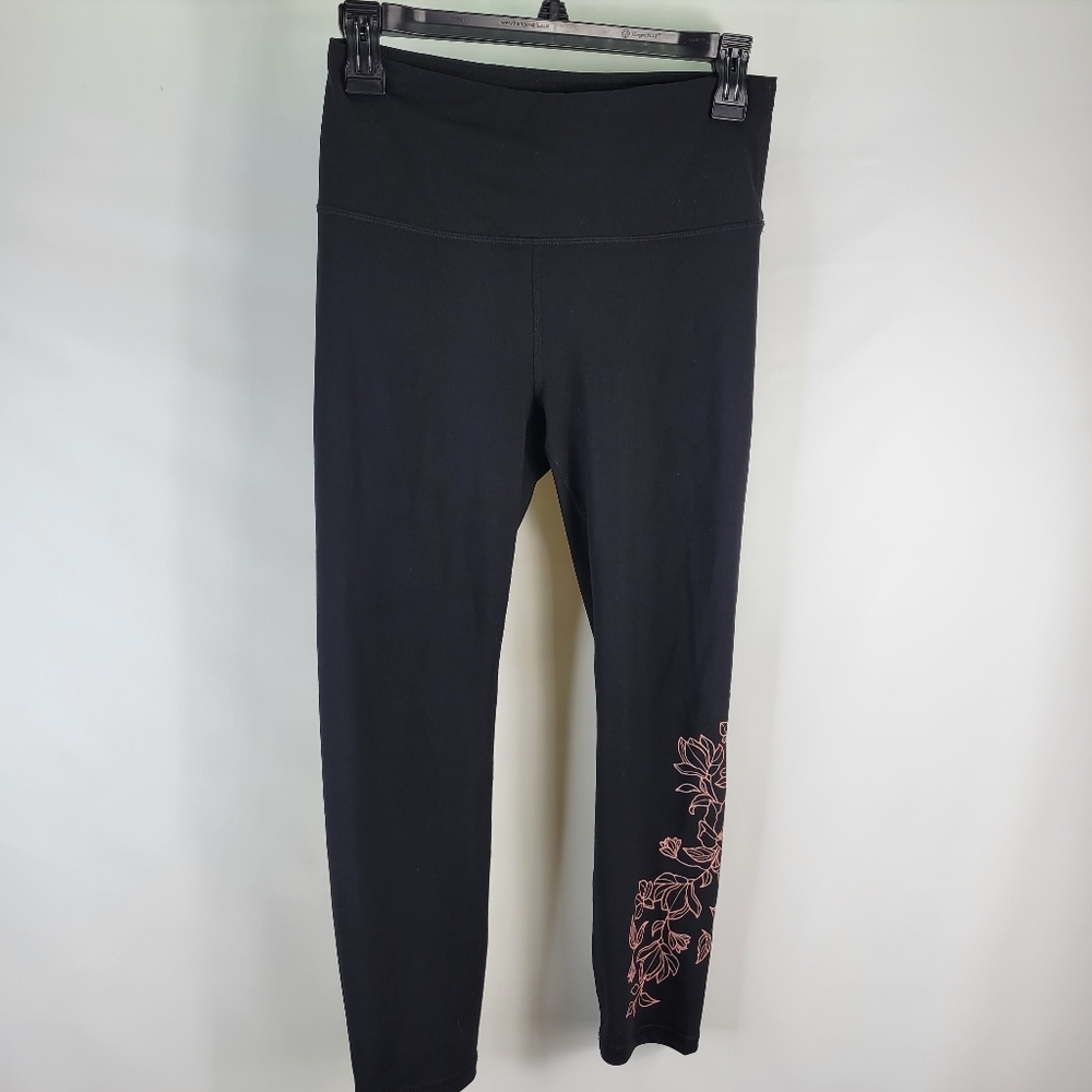 Gaiam Black Leggings Floral Print at Ankle High Waisted Size Small